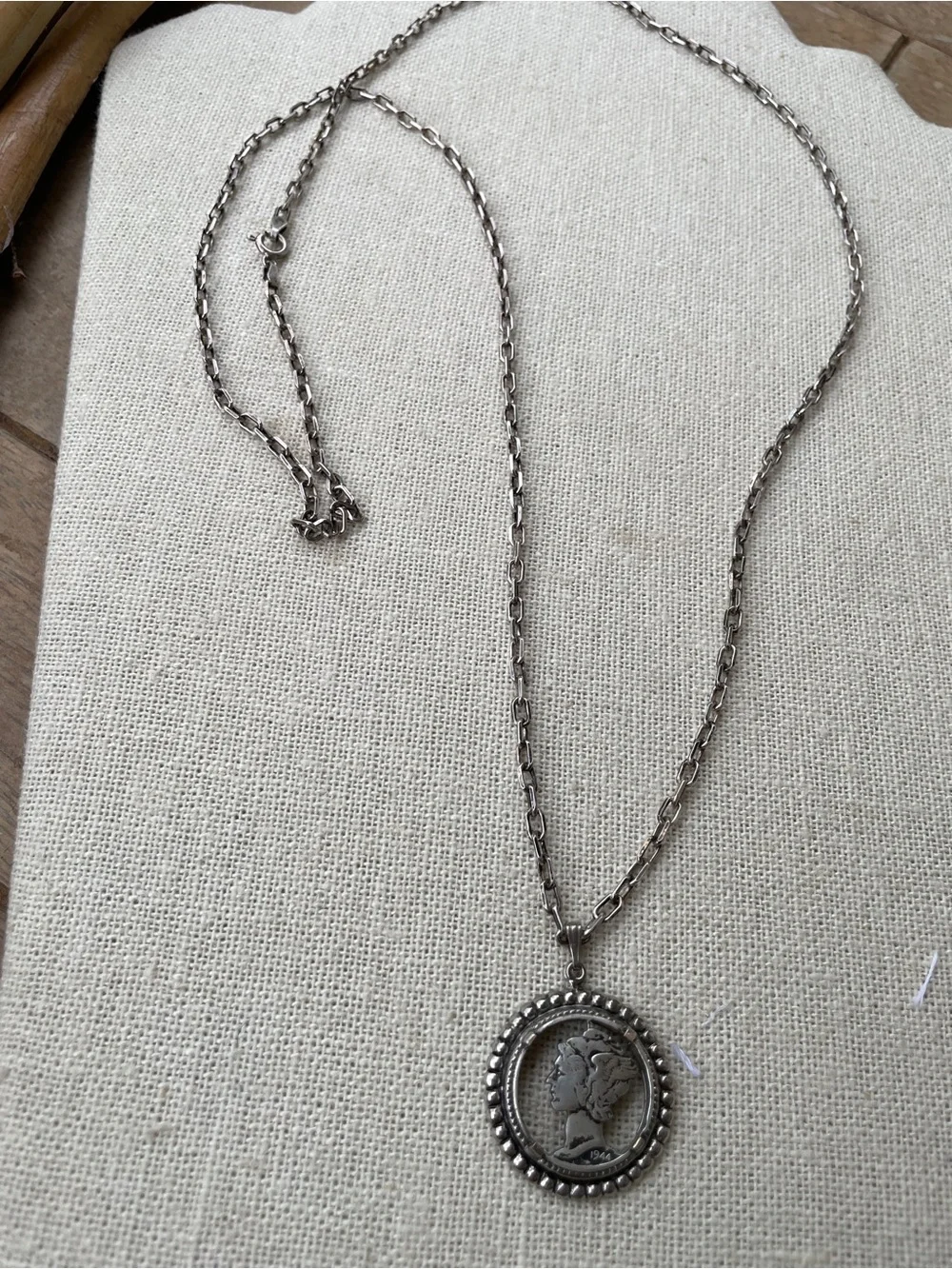Long Sterling vintage chain & Silver Coin Pendant Necklace - Women Jewelry